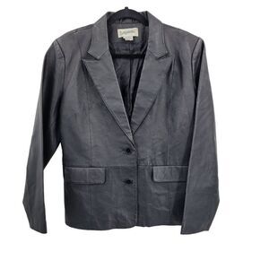 Vintage 80s Bagatelle Leather Blazer Coat Jacket 12 Black Single Breasted Glam